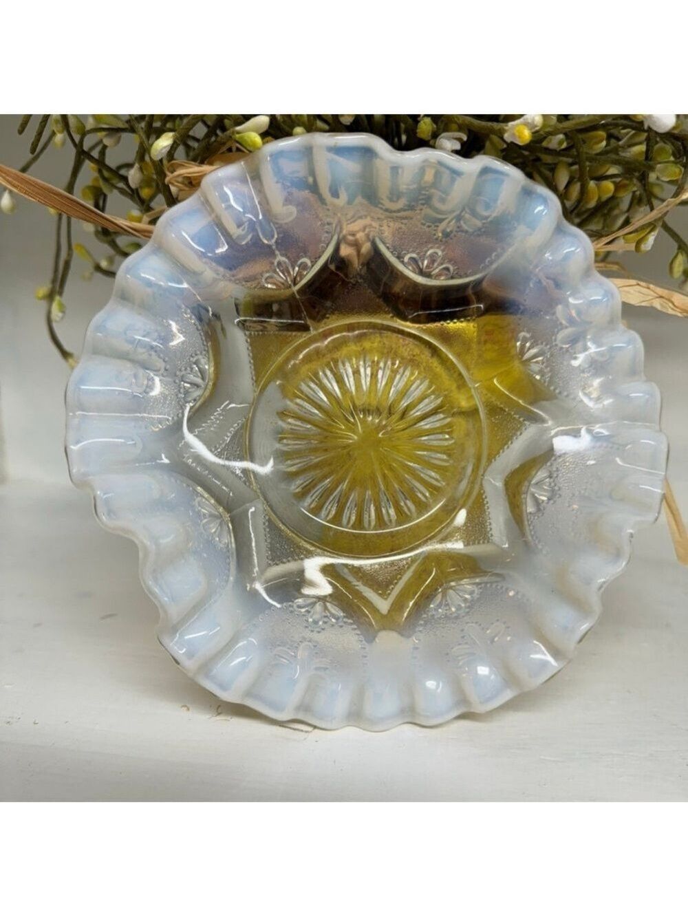 Vintage White Opalescent Candy Dish – 5 7/8” – Jefferson or Dugan Glass
